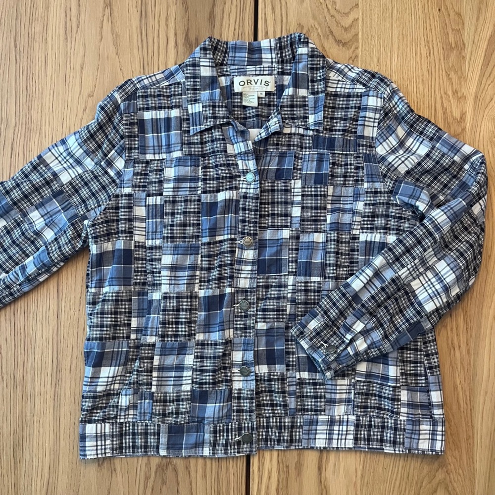 Orvis Blue Patchwork Plaid Cotton Shirt Jacket Womens Lined VINTAGE Large 80s